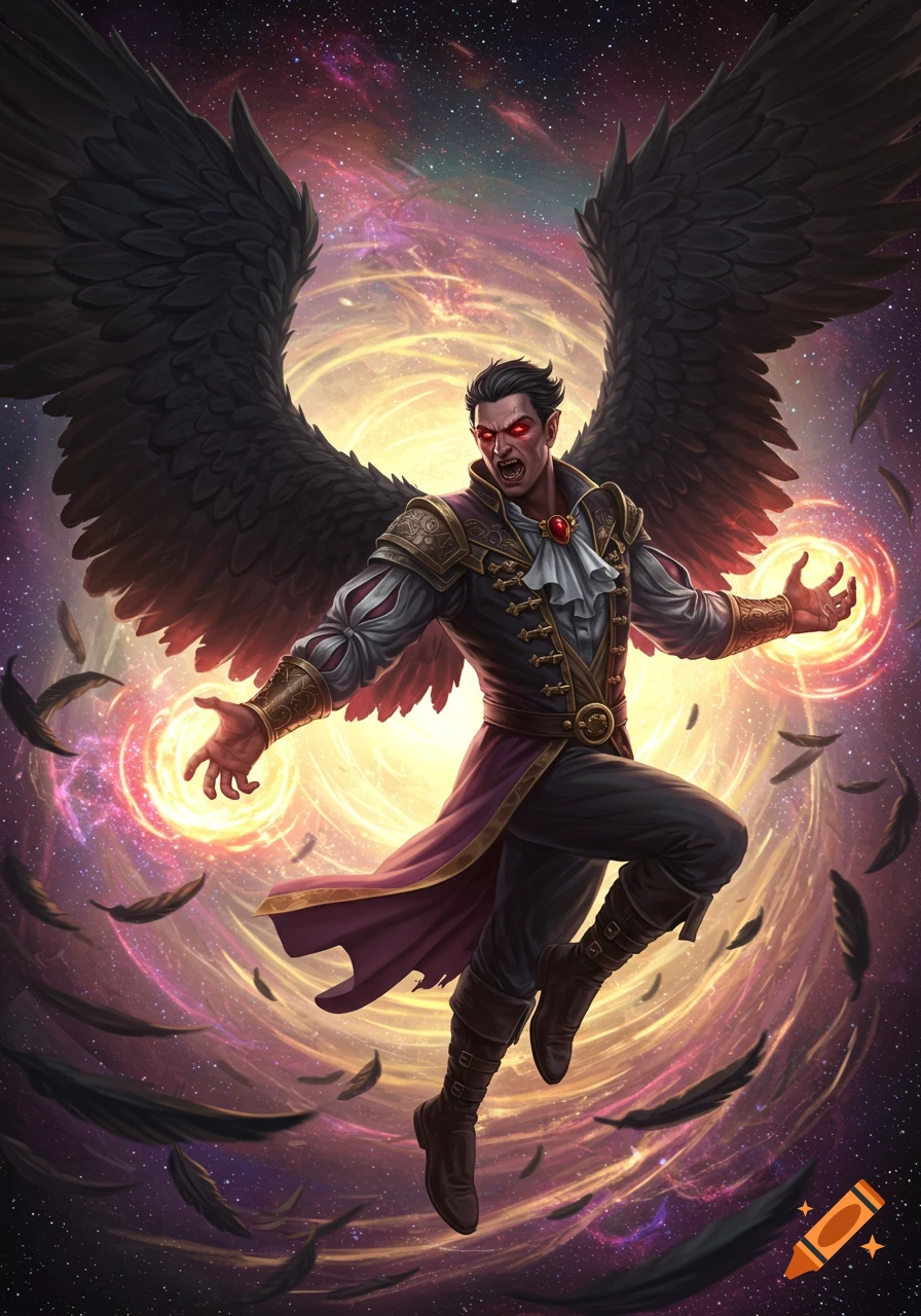 Dark-winged fantasy character with red eyes, flying in a cosmic energy vortex with feathers.