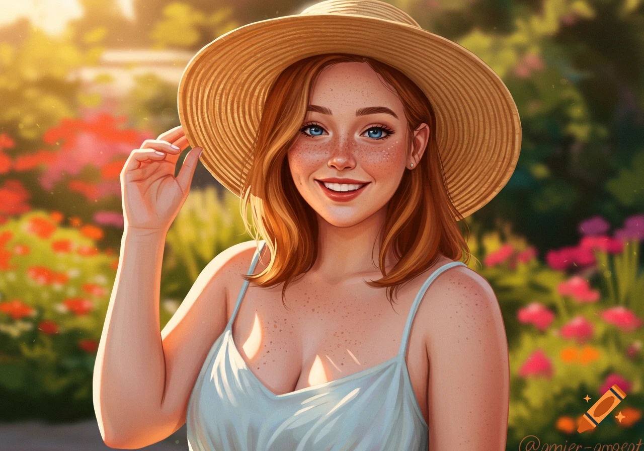 A woman with freckles wears a straw hat in a sunny garden.