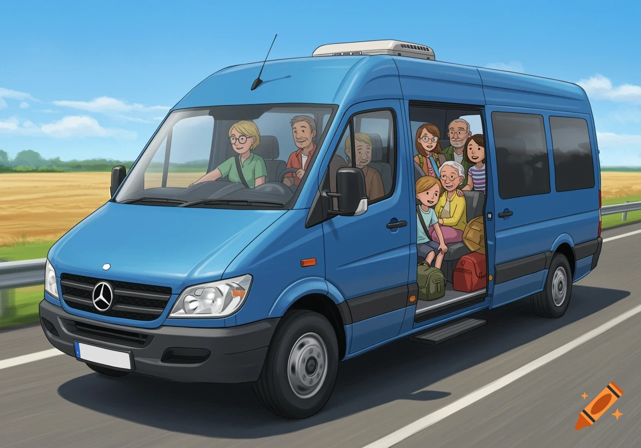 Illustration of a family traveling in a blue van on a highway.