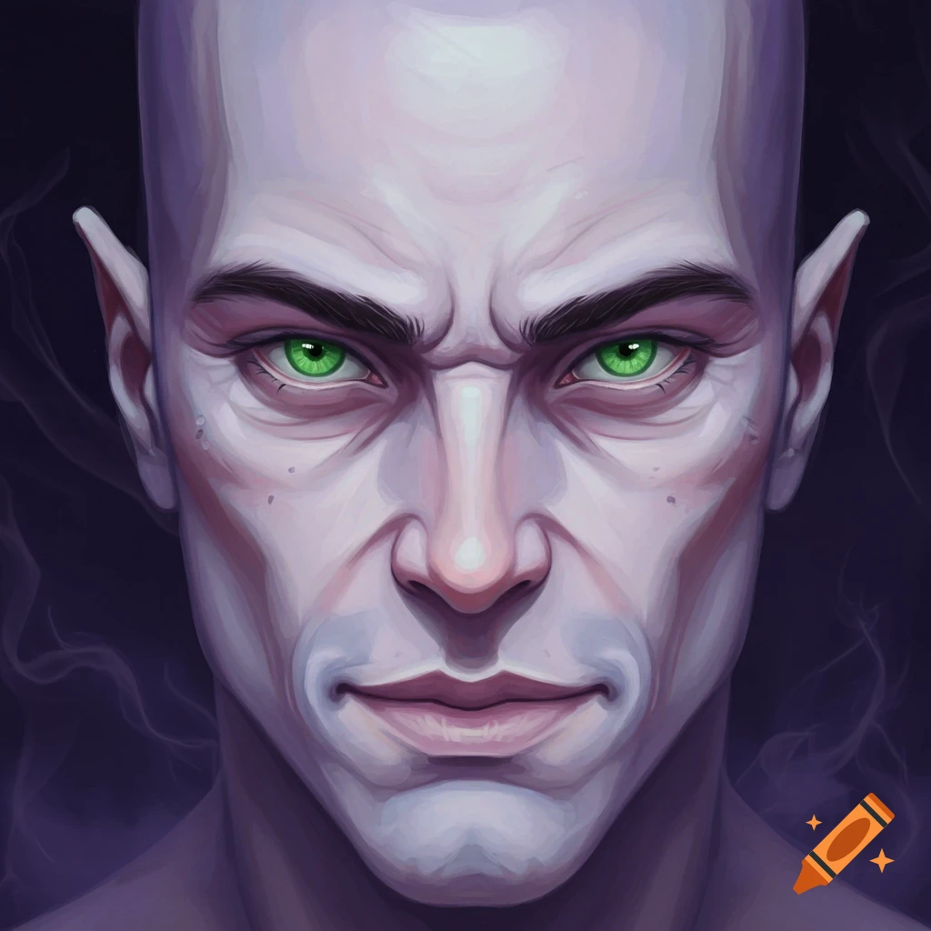 A bald man with pointy ears and bright green eyes