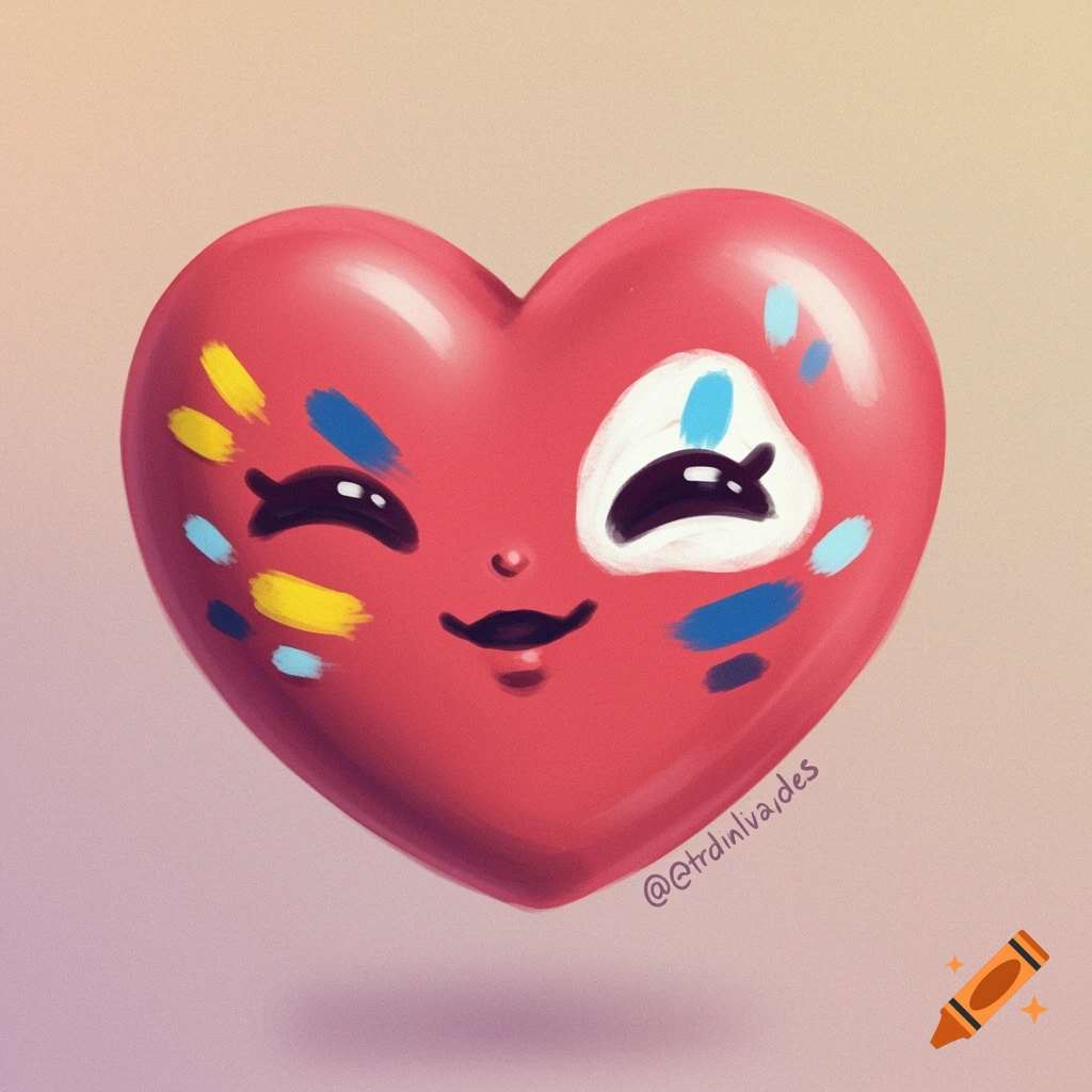 A cute, red heart with colorful face paint and a cheerful expression.