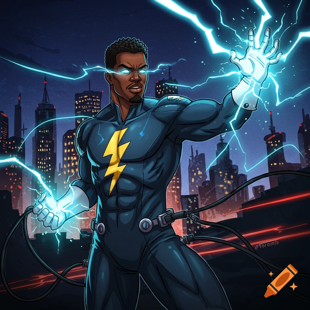 Black superhero with lightning power over city skyline at night, comic book style digital art.