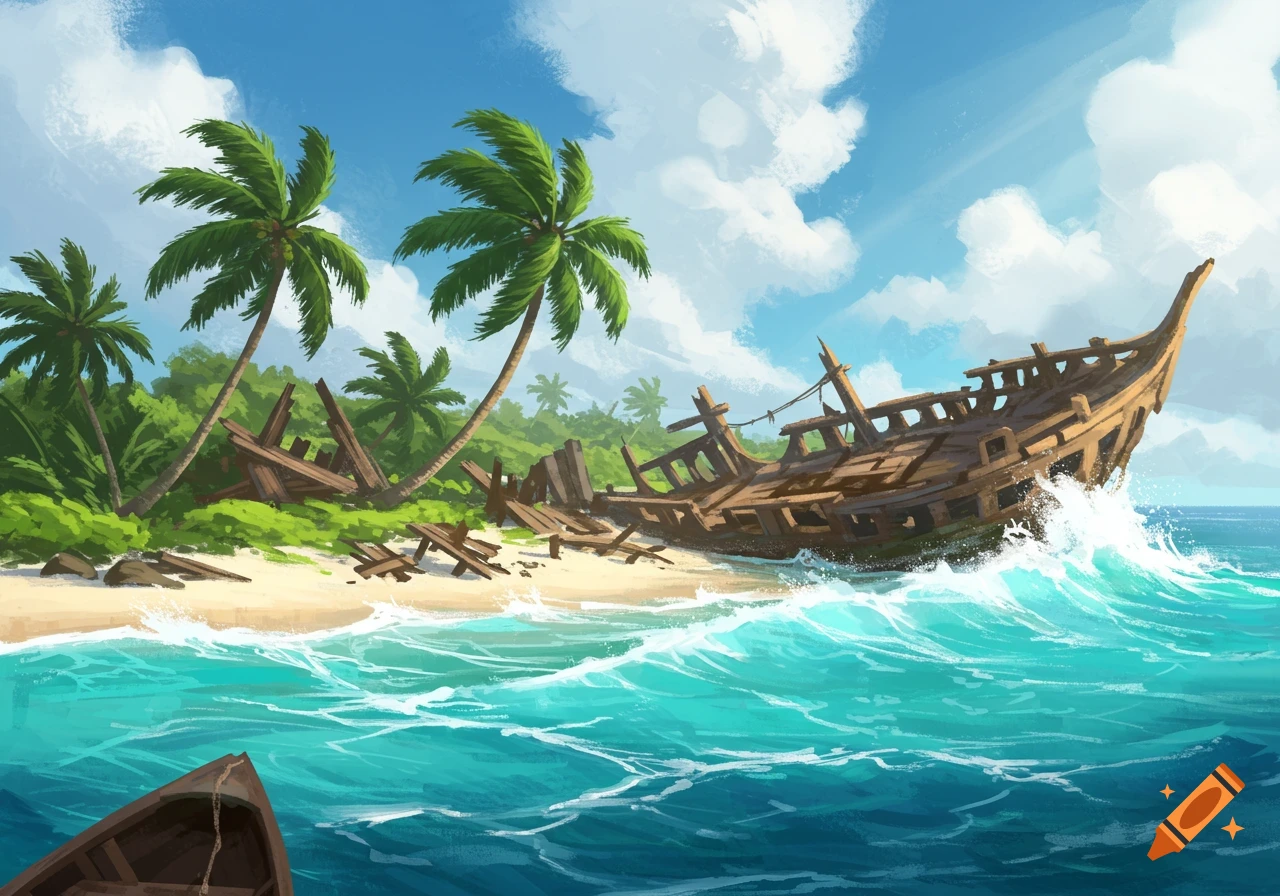 A shipwrecked boat rests on a tropical beach with palm trees swaying in the breeze. Waves lap at the shore, and a small boat is visible in the foreground.