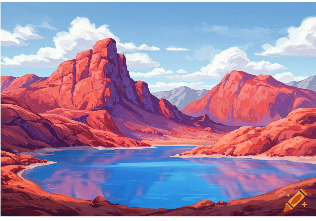A painted landscape of red mountains surrounding a blue lake under a cloudy sky.