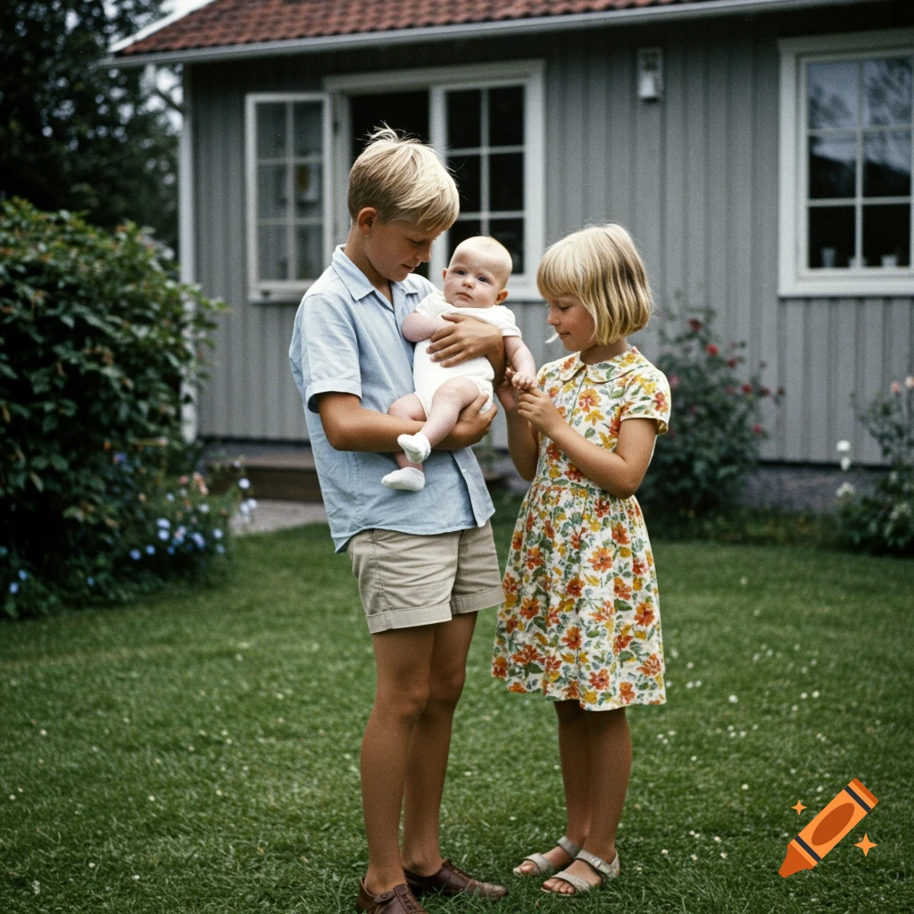 A vintage 1960s photo of a boy holding a baby brother while a sister stands beside them in a garden.