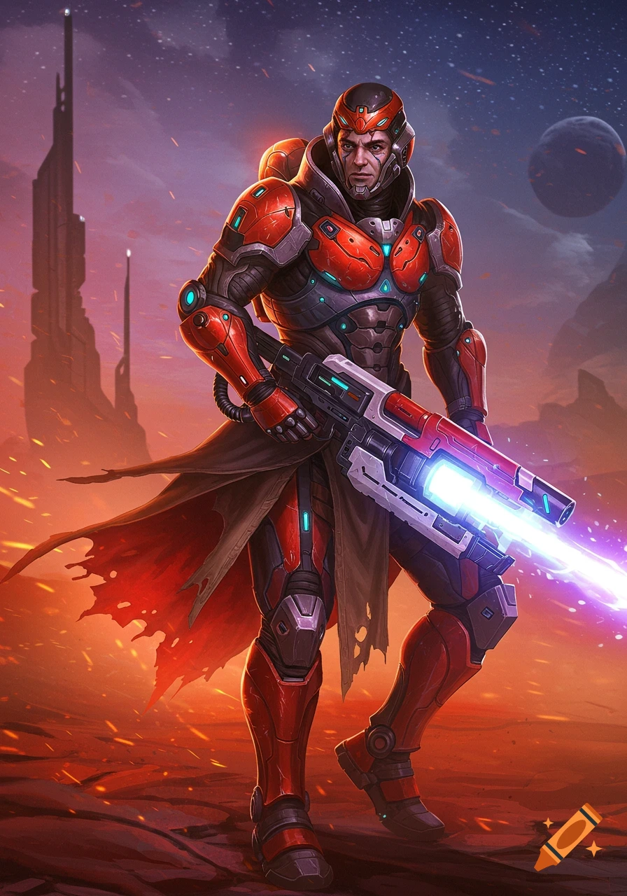 A digital painting of a sci-fi soldier in red and gray armor holding a futuristic rifle in a rocky landscape with a planet in the sky.