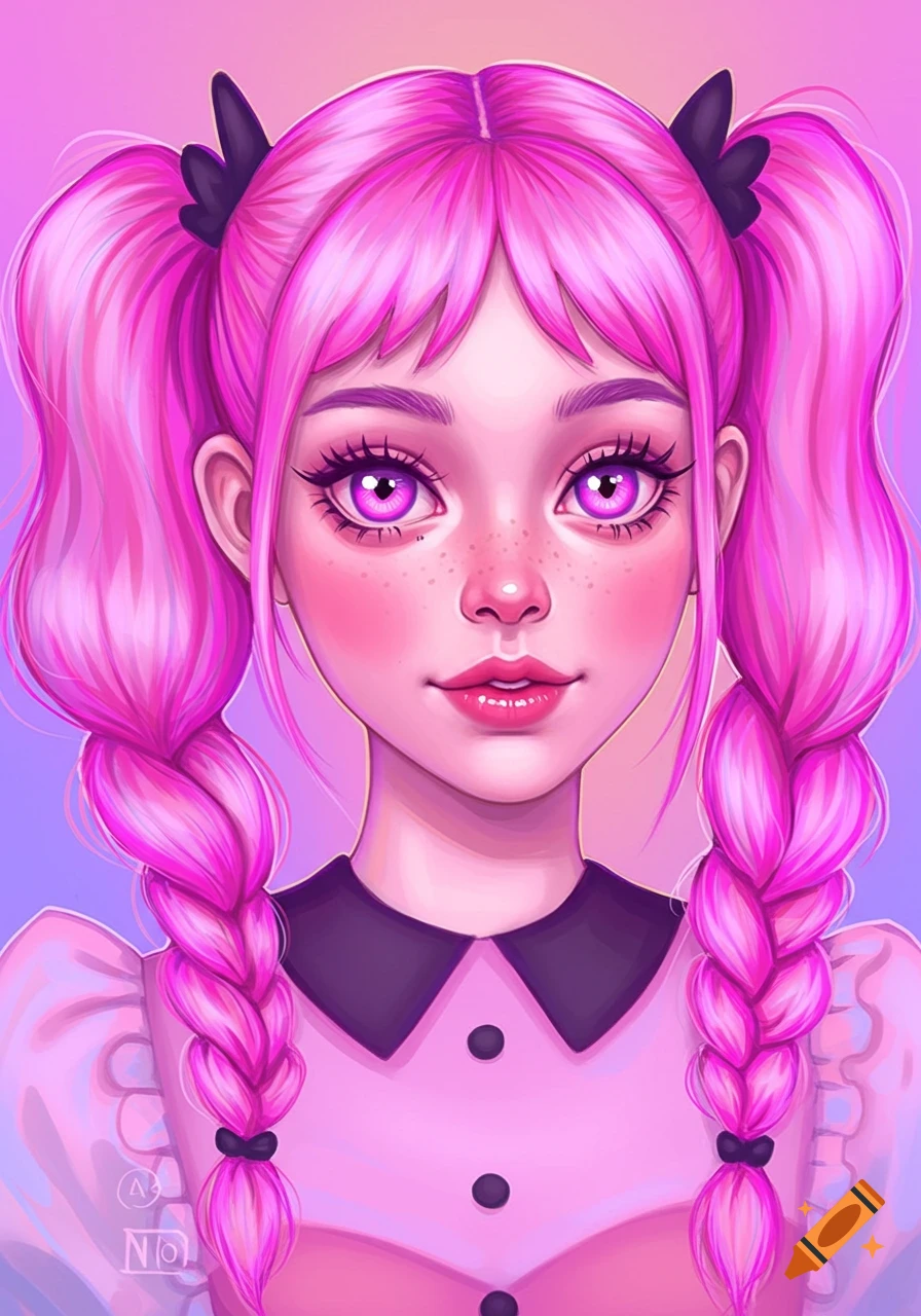 Stylized portrait of girl with pink pigtails and purple eyes on Craiyon