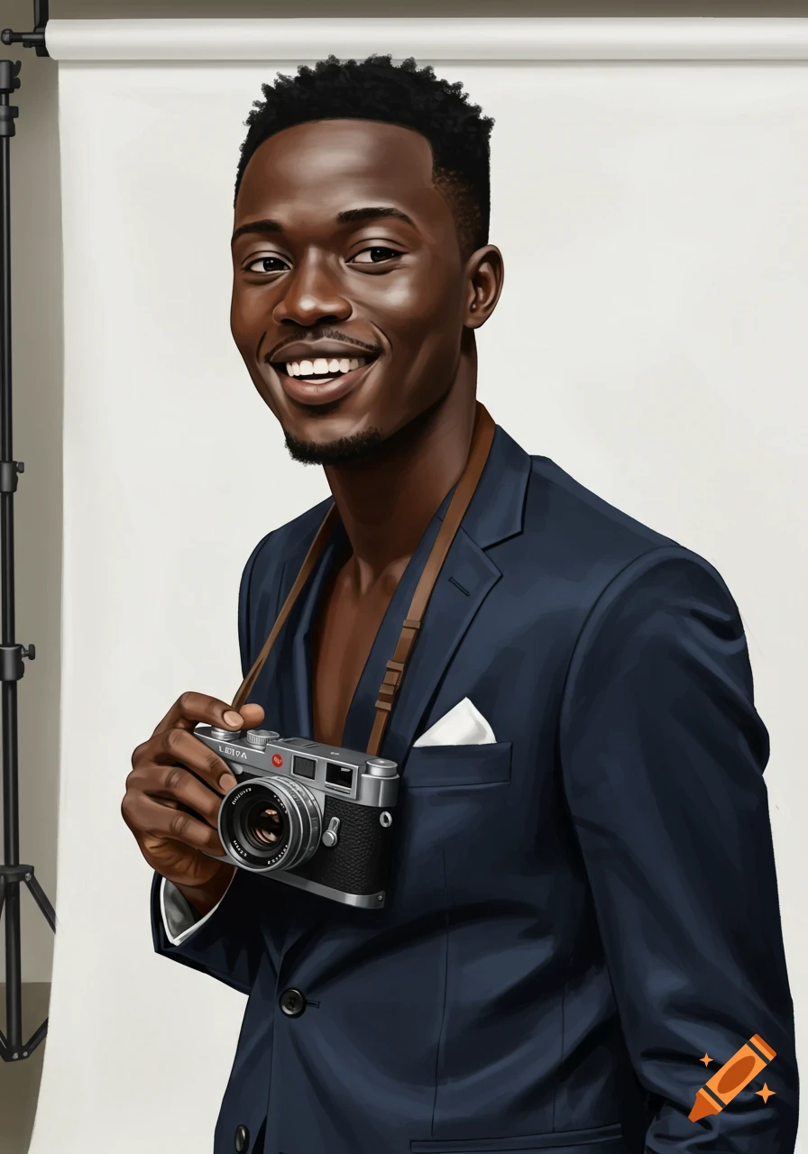 A man holds a camera in a studio.