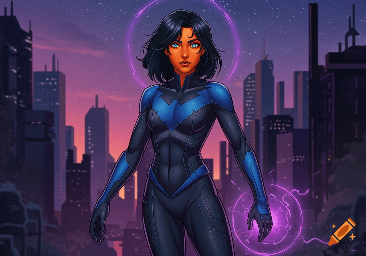 Female superhero with orange skin in blue and black suit stands in city with purple energy, comic art style