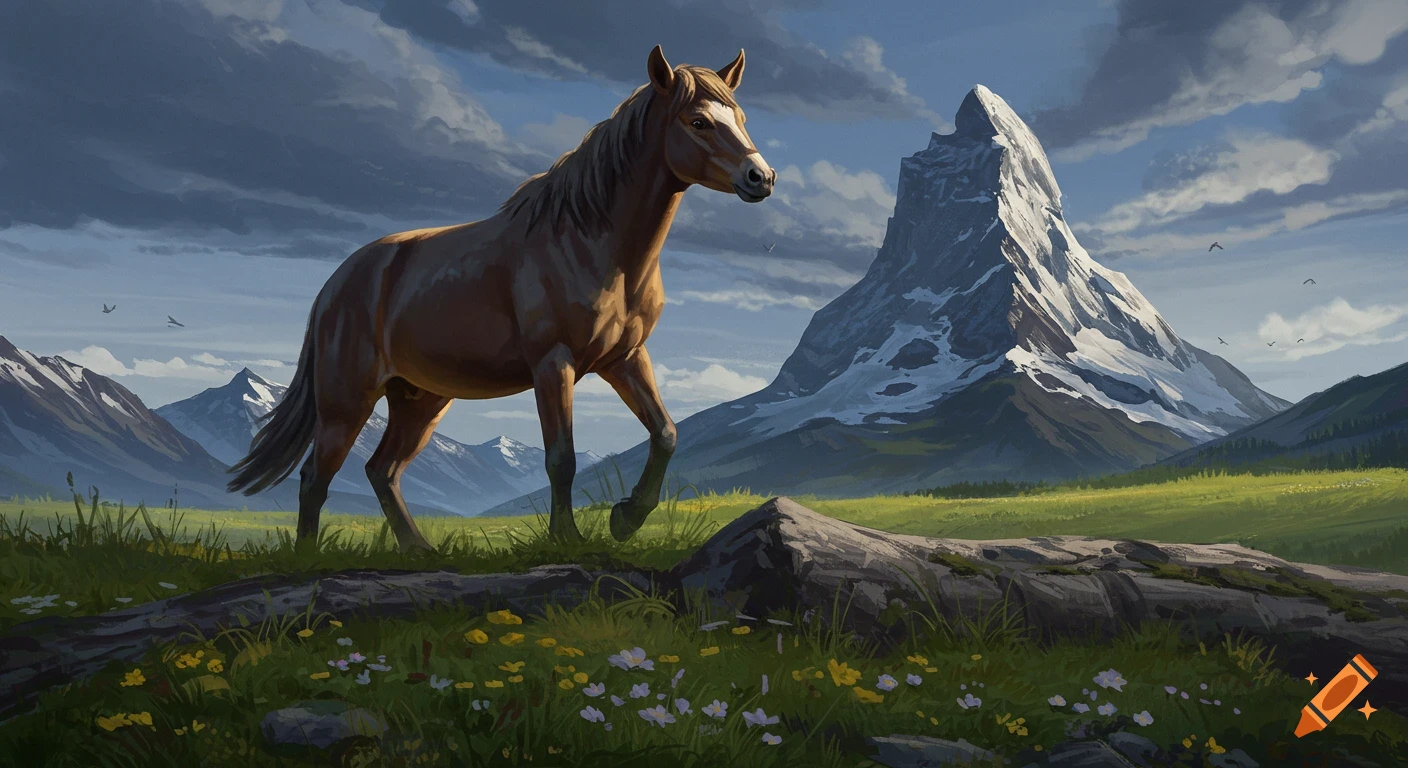 A horse stands in a mountain meadow.