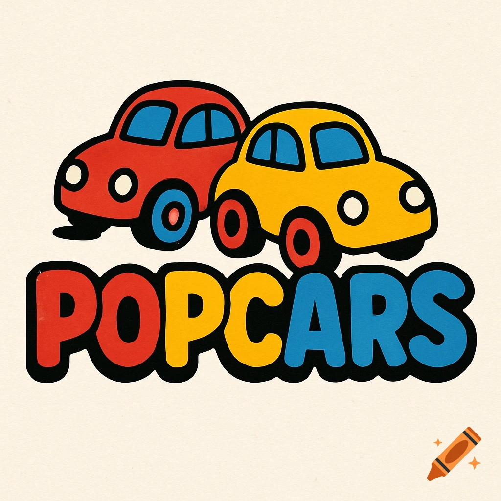 A cartoon logo with two stylized cars above the word POPCARS.
