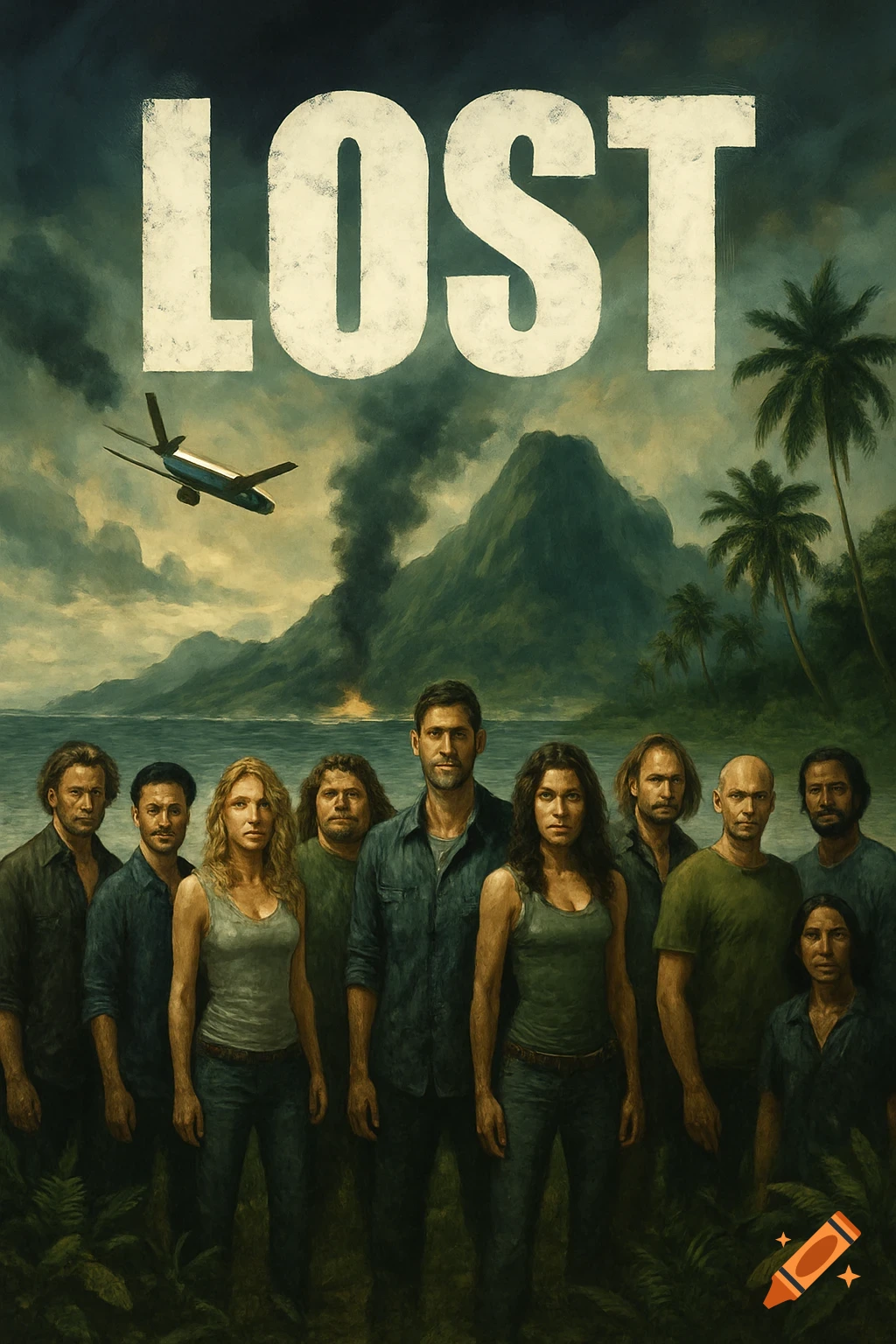 Characters from Lost standing on an island with a plane and title text.