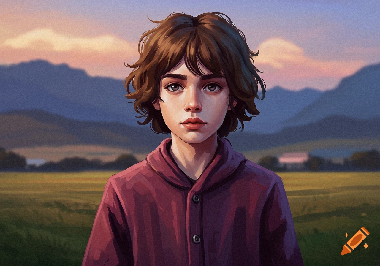 Stylized portrait of a young person in a purple hood against a sunset landscape.
