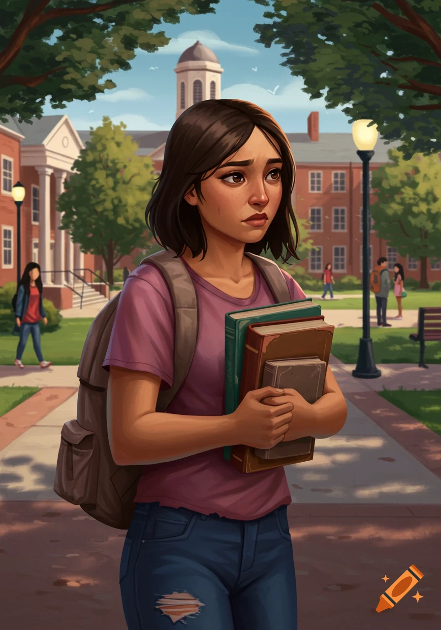 Illustration of a pensive female college student with backpack and books on campus.