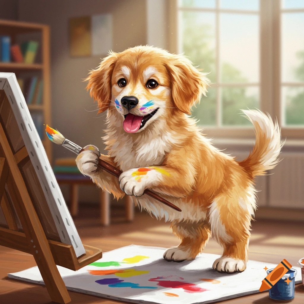 A golden retriever puppy covered in paint holds a paintbrush in front of an easel.