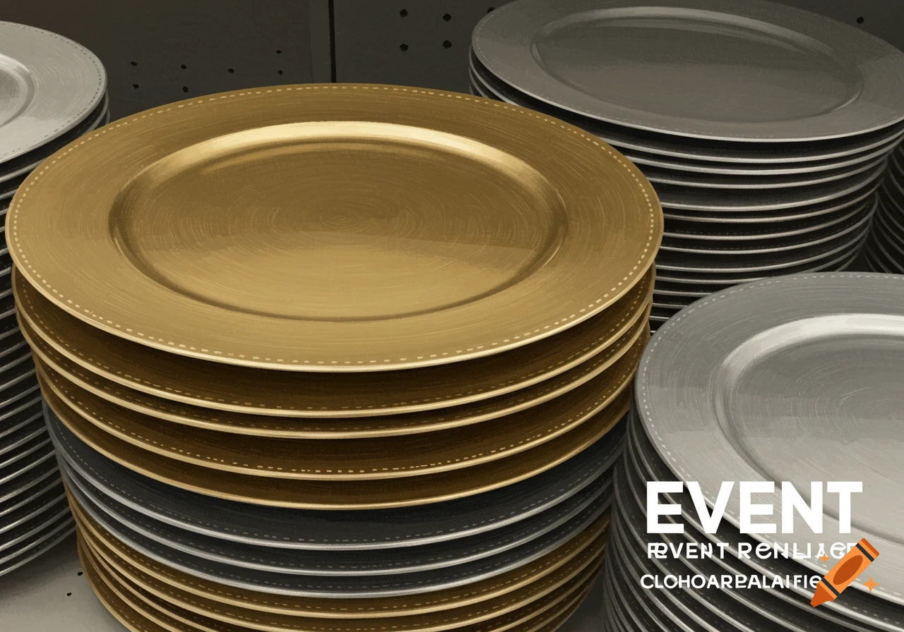 Stacks of gold and silver charger plates.