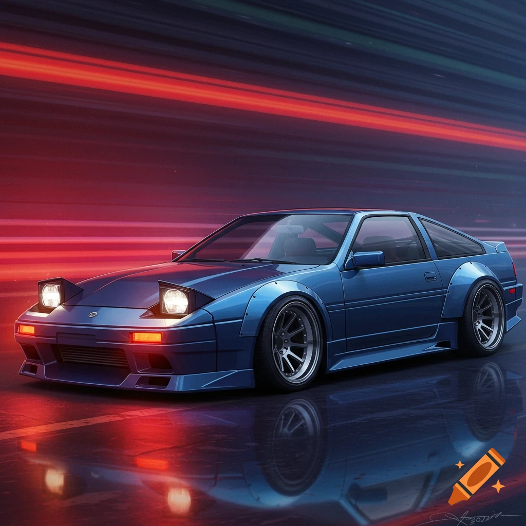 A stylized illustration of a blue car with popup headlights on a wet road with red and purple light streaks.
