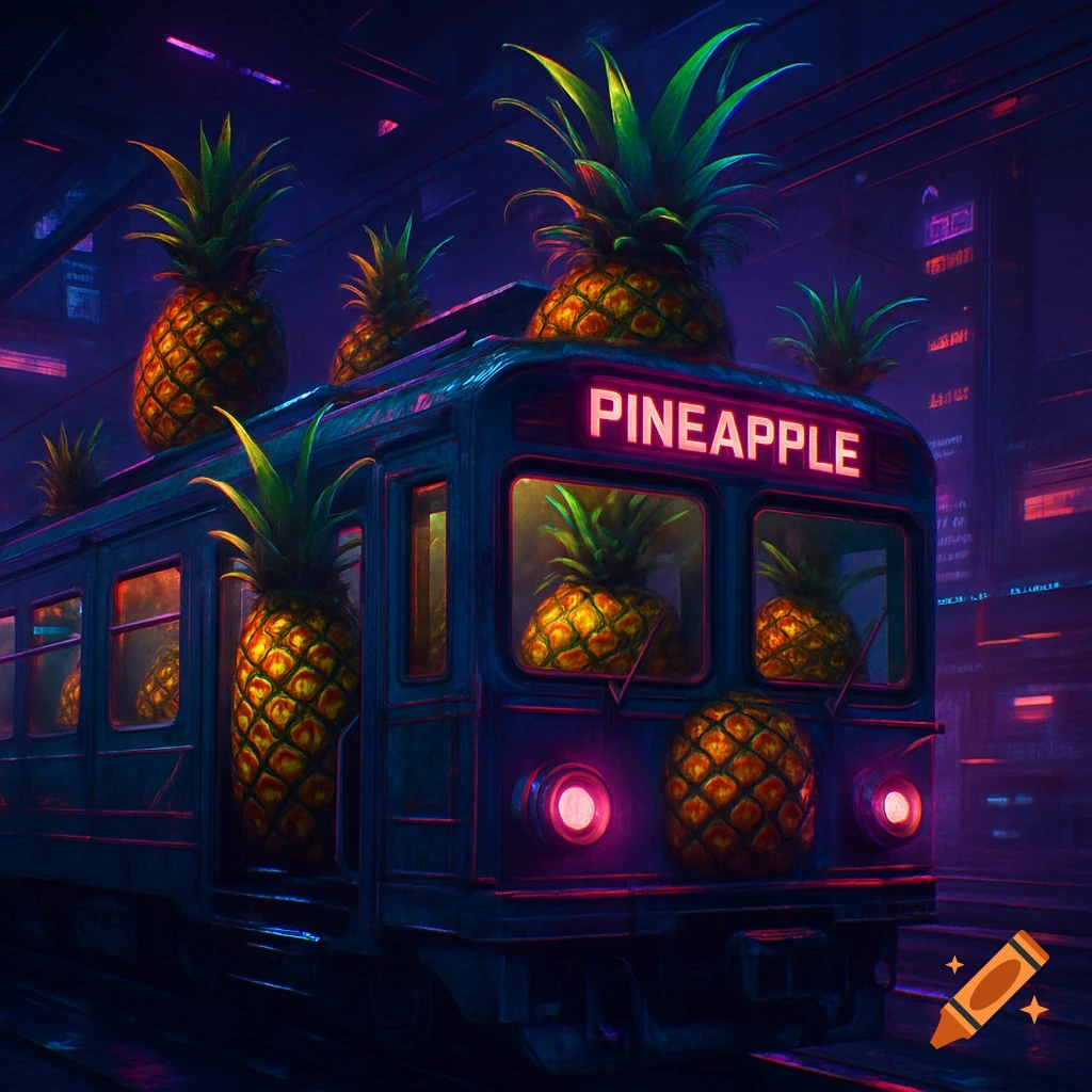 Cyberpunk train with large pineapples on top and inside, moving through a neon city at night.