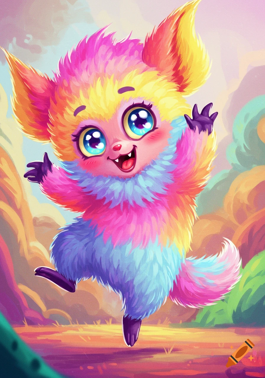 A colorful, fluffy creature waves in a vibrant fantasy landscape