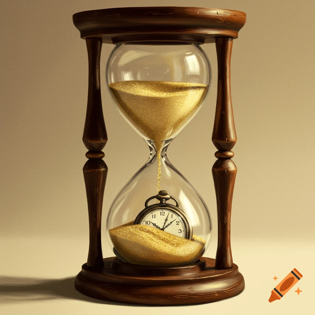 Antique hourglass with sand flowing onto a pocket watch inside.