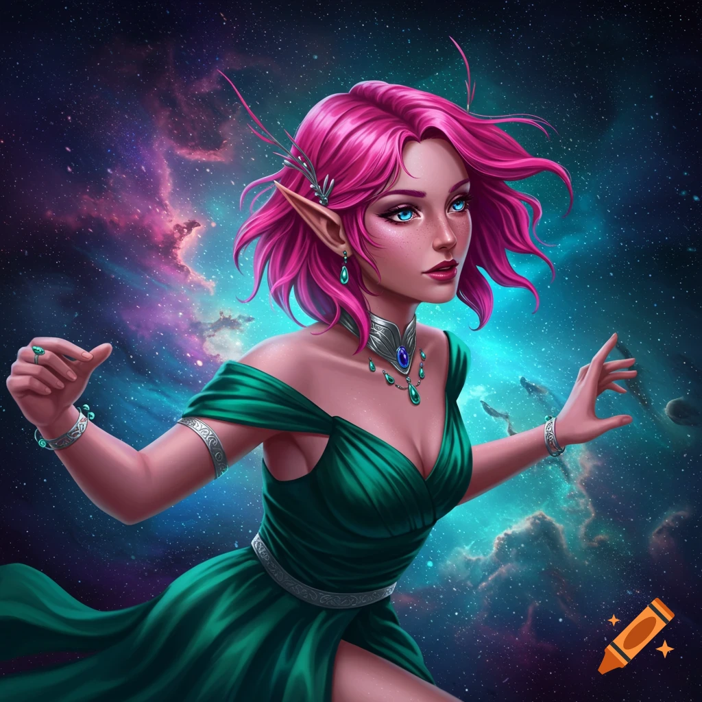 A fantasy woman with pink hair and elf ears in a green dress against a nebula background.
