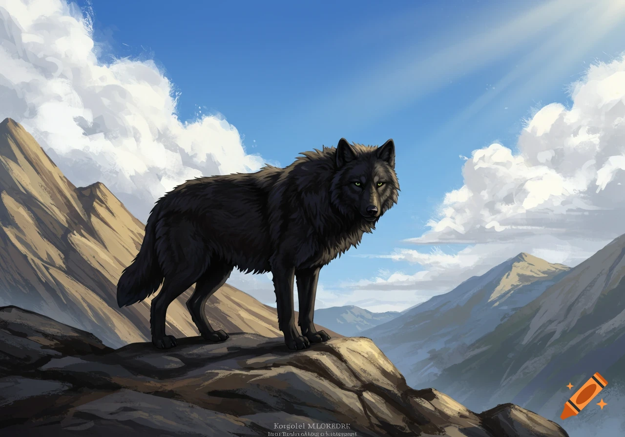 A black wolf stands on a rocky mountain peak with mountains in the background under a sunny sky.
