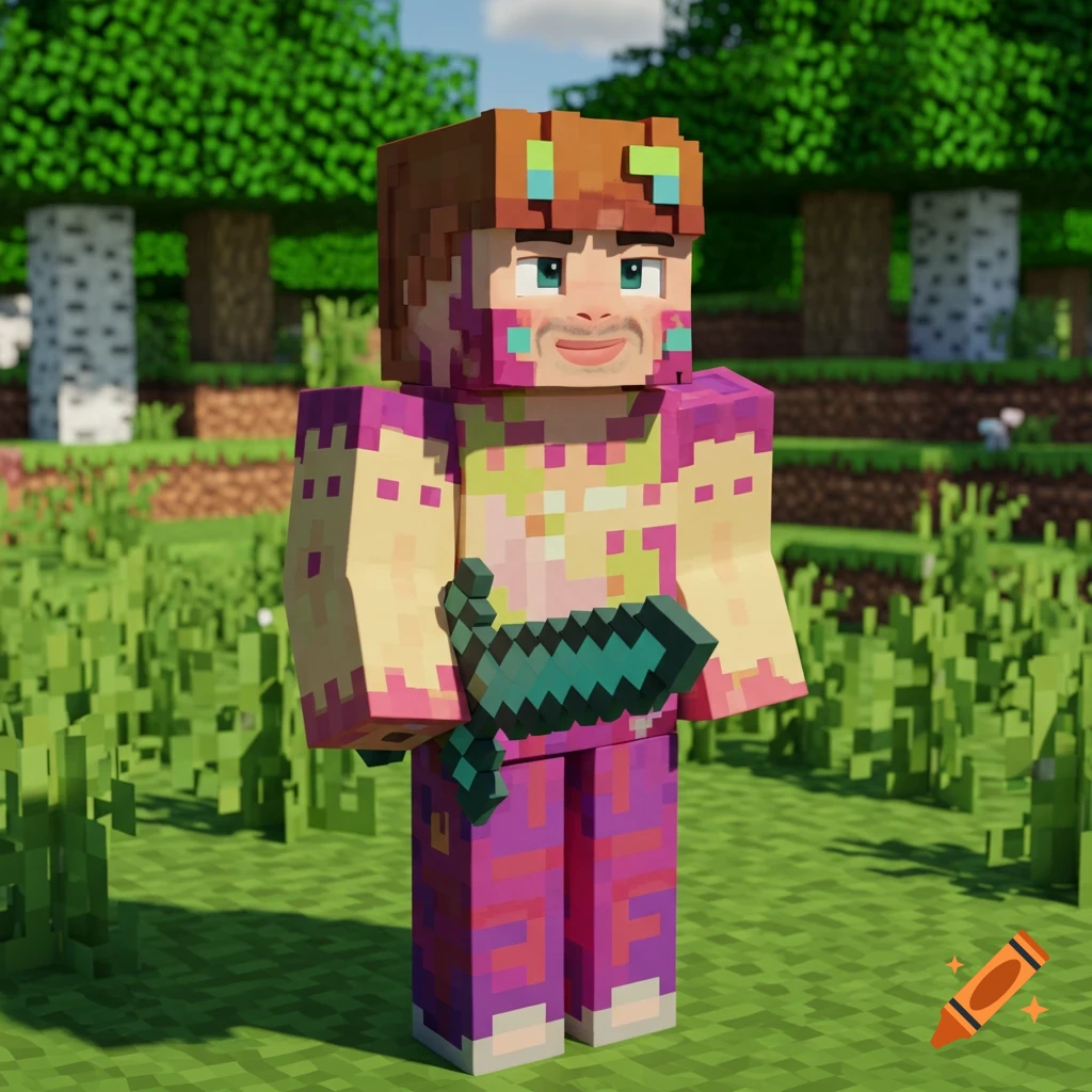 A Minecraft-style character holding a sword in a grassy field.