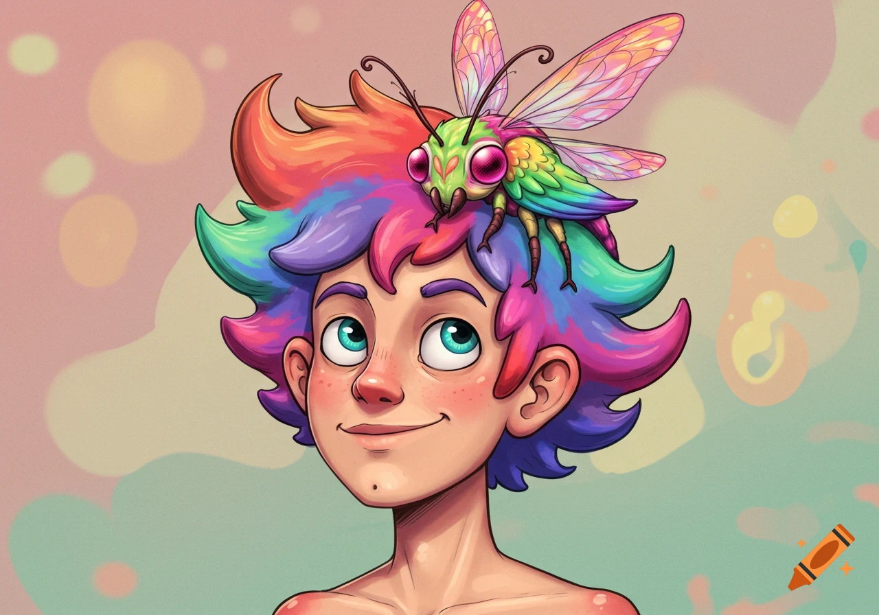 A cartoon portrait of a person with rainbow hair and a colorful insect on their head.