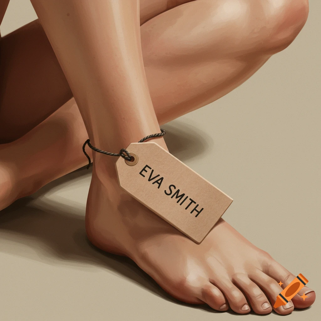 A close-up of legs and a foot with a tag that reads "EVA SMITH" tied around the ankle.