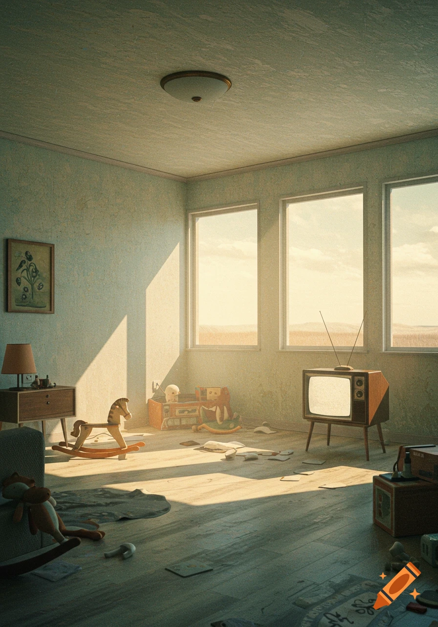 A messy room with toys, a rocking horse, and an old TV, lit by sunlight through three windows.