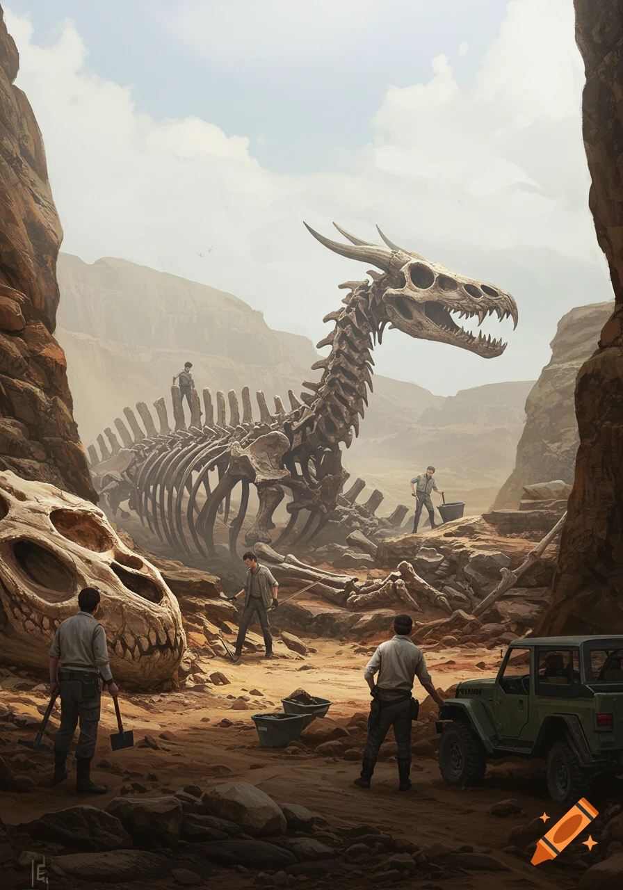 Paleontologists excavate a giant dragon skeleton and skull in a rocky desert canyon.