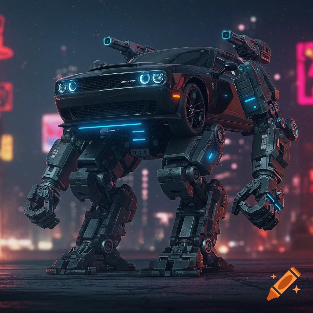 Black Dodge Challenger car transformed into a large mech suit standing in a futuristic city.