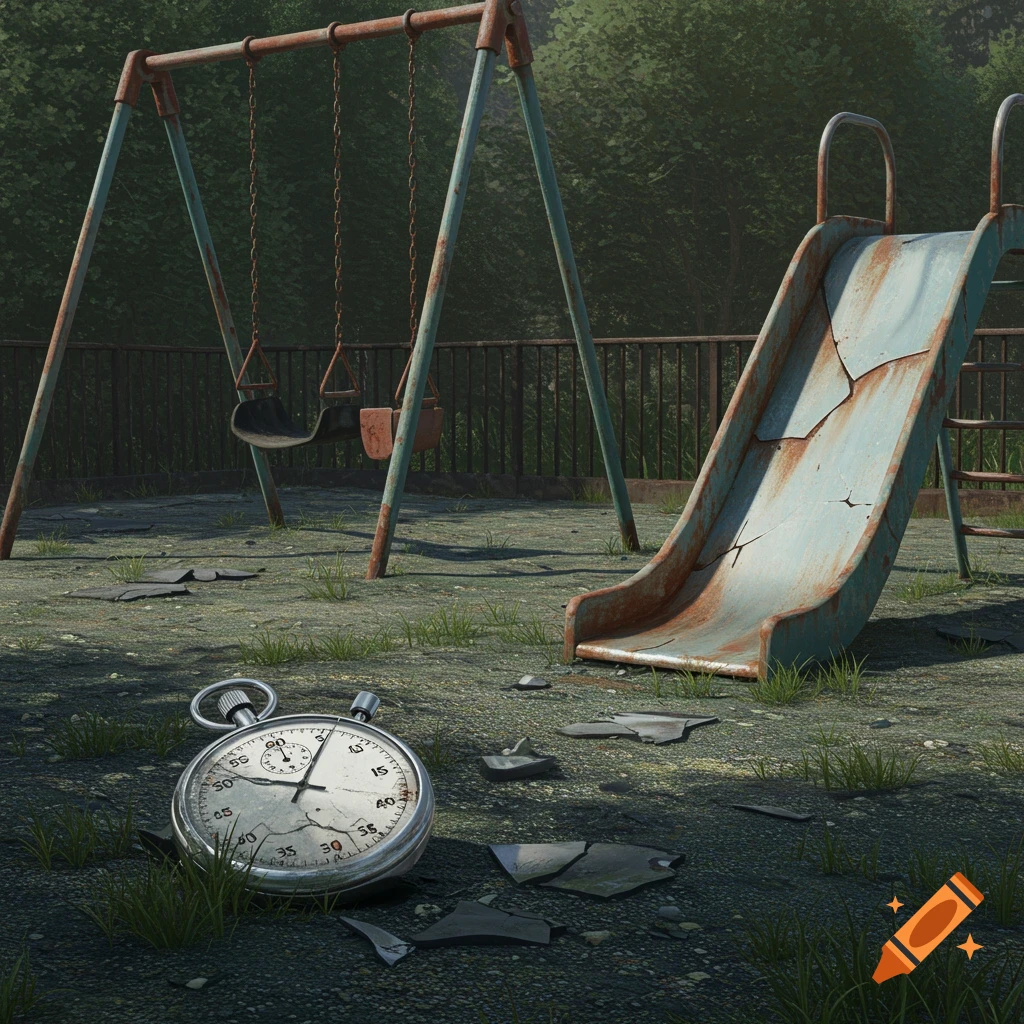 Abandoned playground with rusted equipment and a broken stopwatch in the foreground.