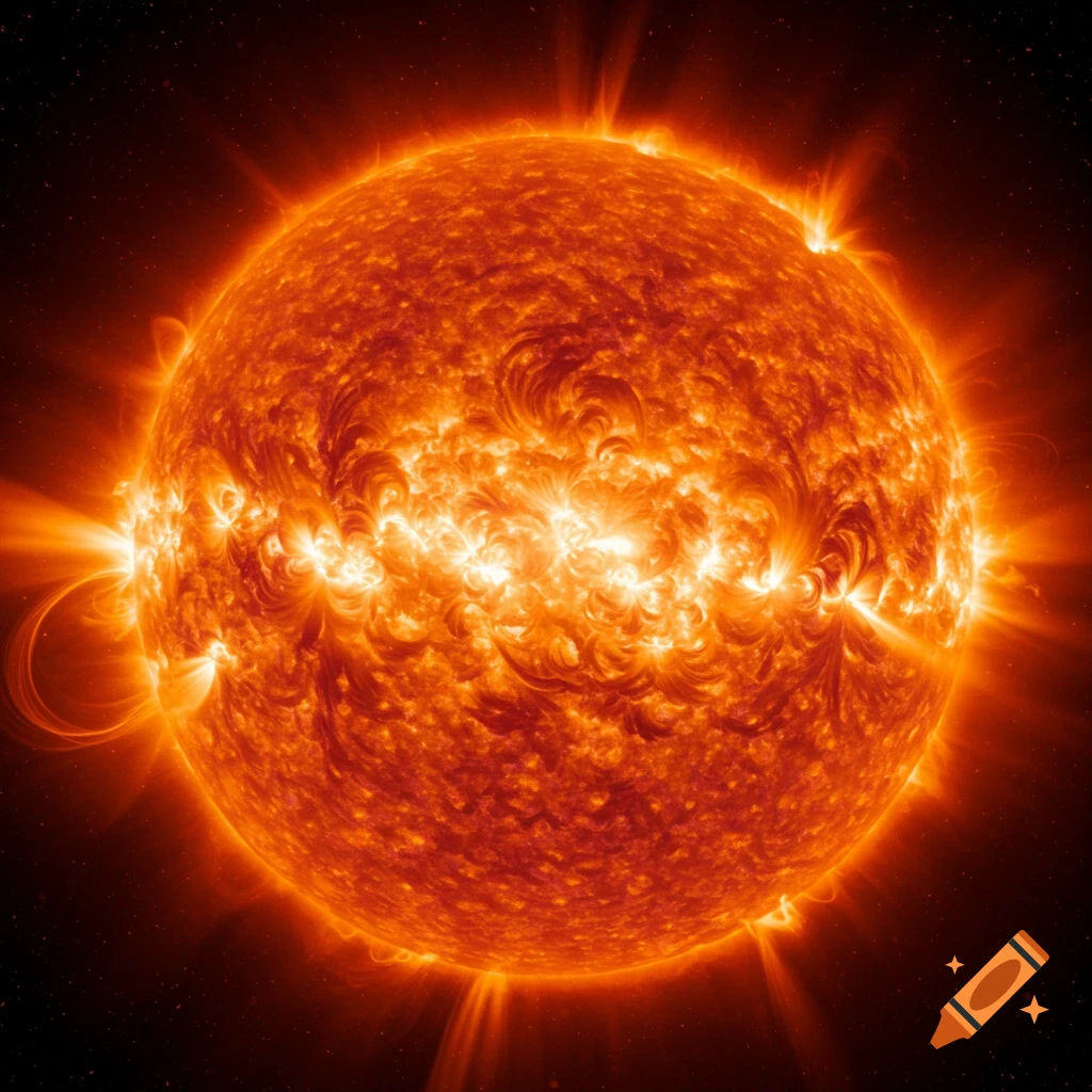 The sun's surface with flares and prominences against a dark starry background.