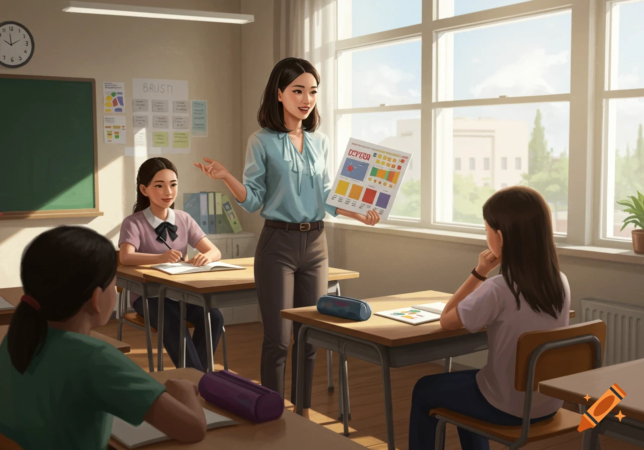 An Asian teacher holds up a paper for students in a bright classroom.