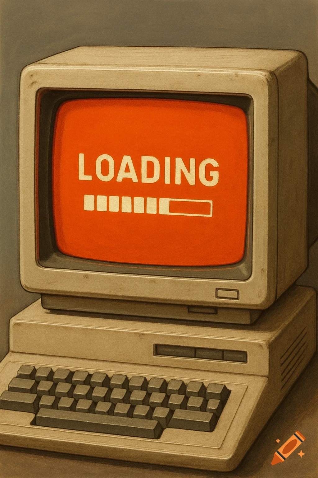 A retro computer monitor displays a red loading screen with 'LOADING' text and a progress bar.