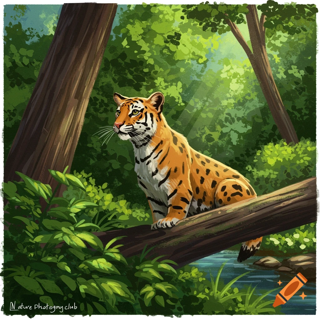 A tiger sits on a log in a sunny forest near a stream.