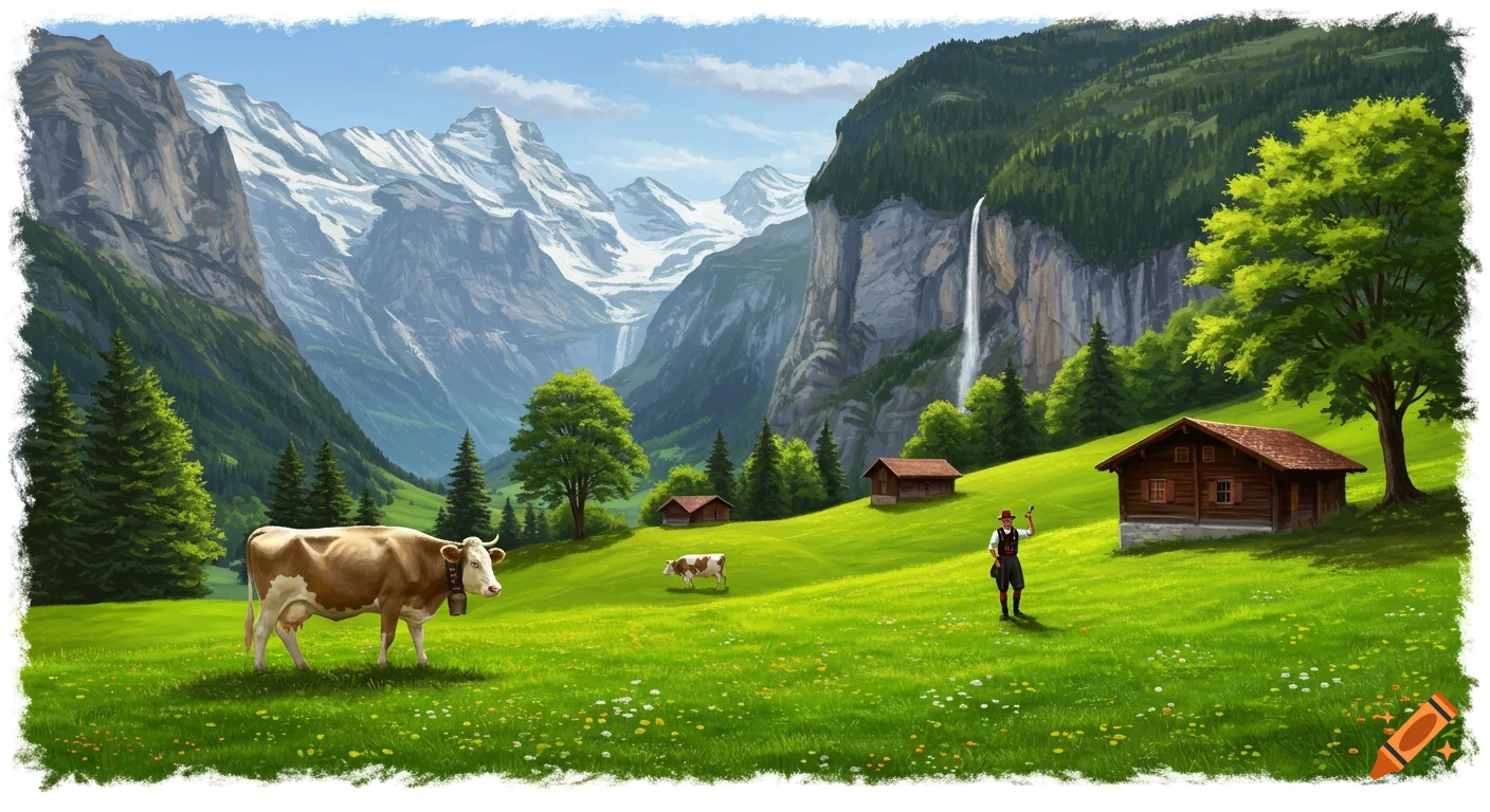 Illustration of a Swiss mountain valley with green meadows, grazing cows, a chalet, waterfall, and a herdsman, with snowy peaks in the background.