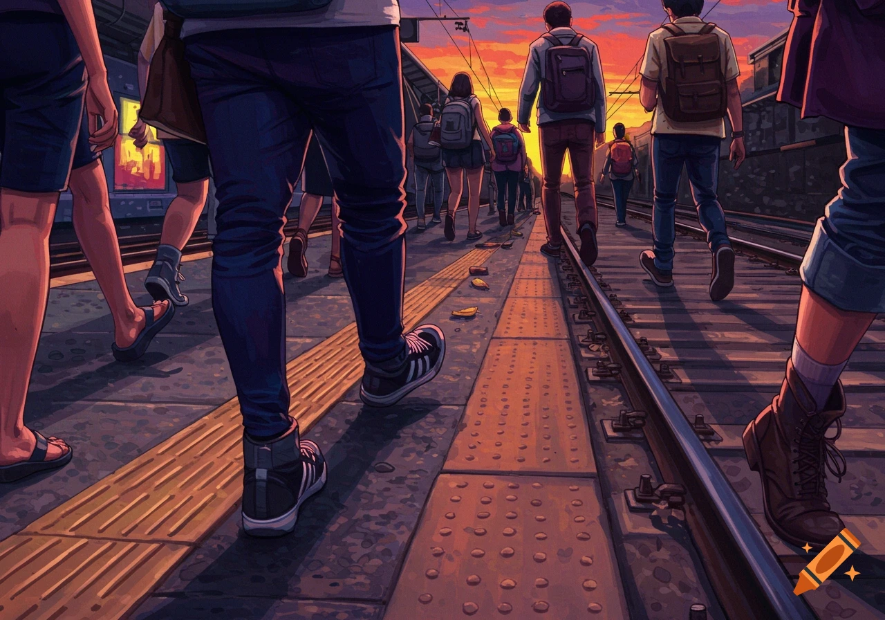 People walking on a railway platform at sunset.