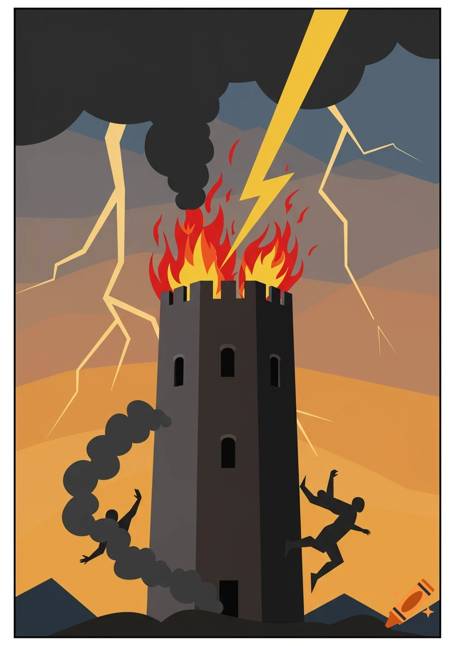 Stylized illustration of a burning tower struck by lightning, with two silhouetted figures falling