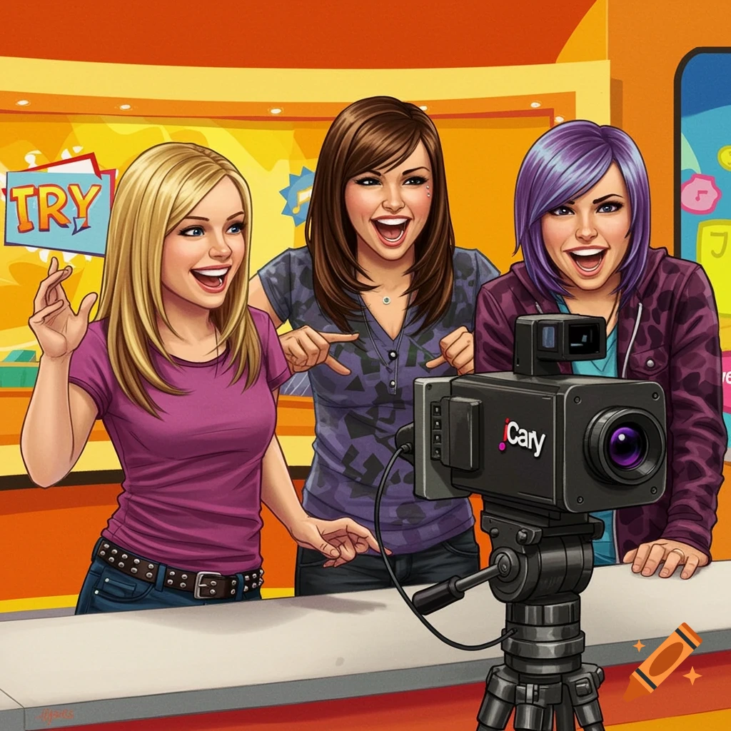 Three people looking excited behind a camera in a colorful studio.