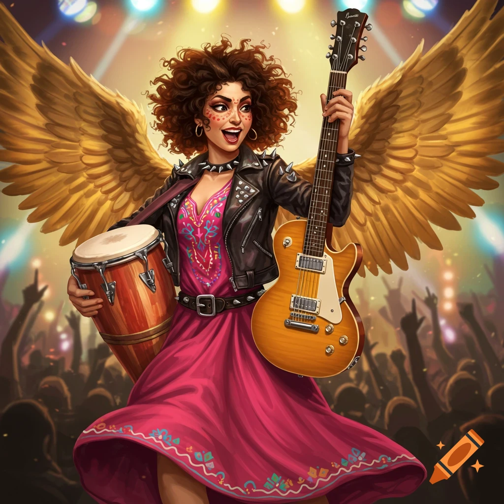 A female rock angel with wings holds a guitar and conga drum on stage.