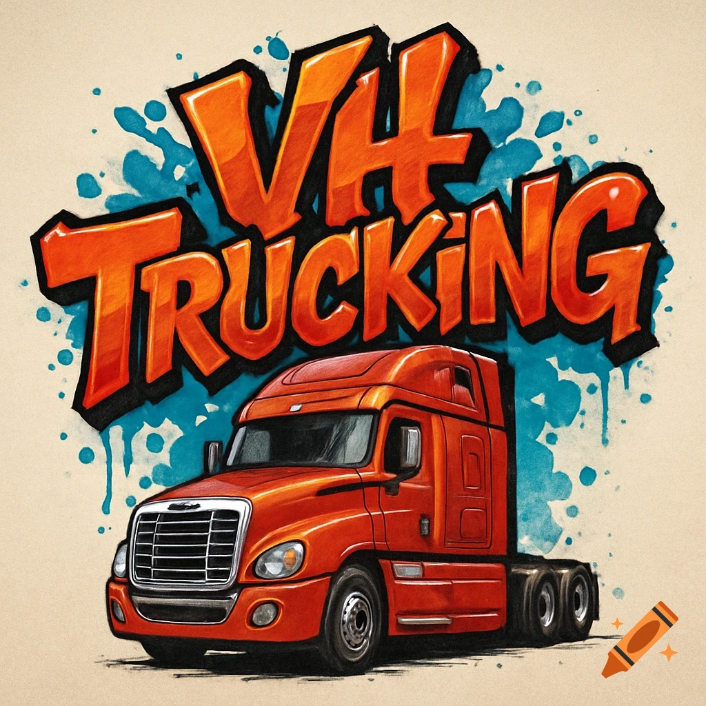 Red semi-truck below a logo that says VH TRUCKING in graffiti style.