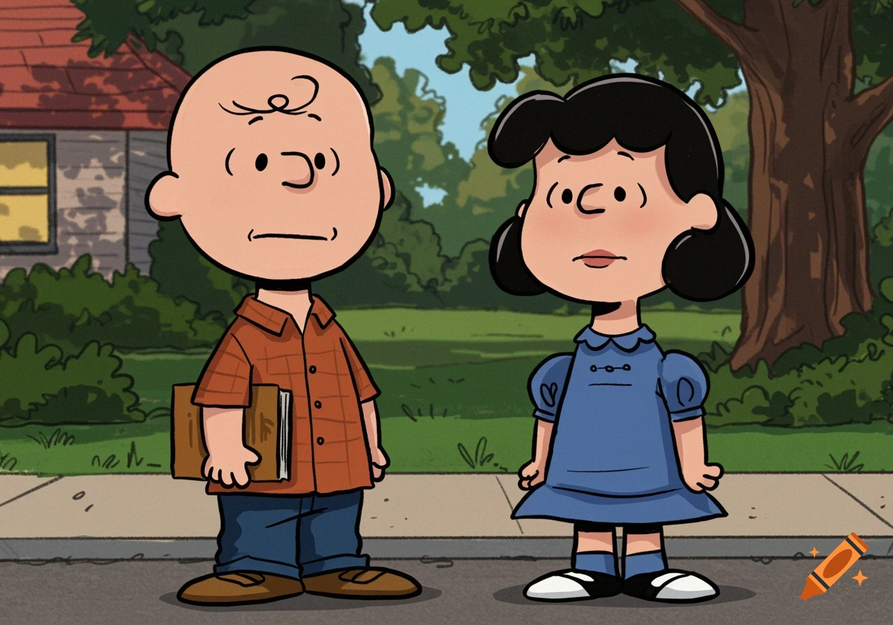 Charlie Brown and Lucy standing on a sidewalk in cartoon style