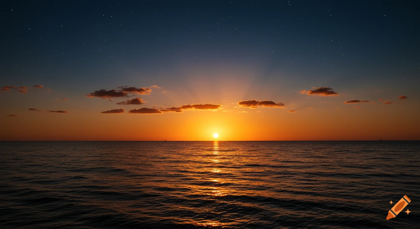 Photorealistic image of a sunset over the ocean with visible sun, clouds, and stars.