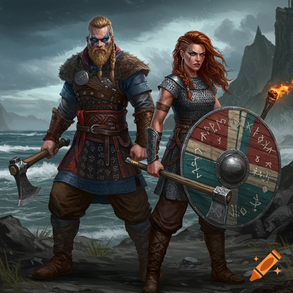 Illustration of a viking man and shieldmaiden woman standing on a stormy coast.