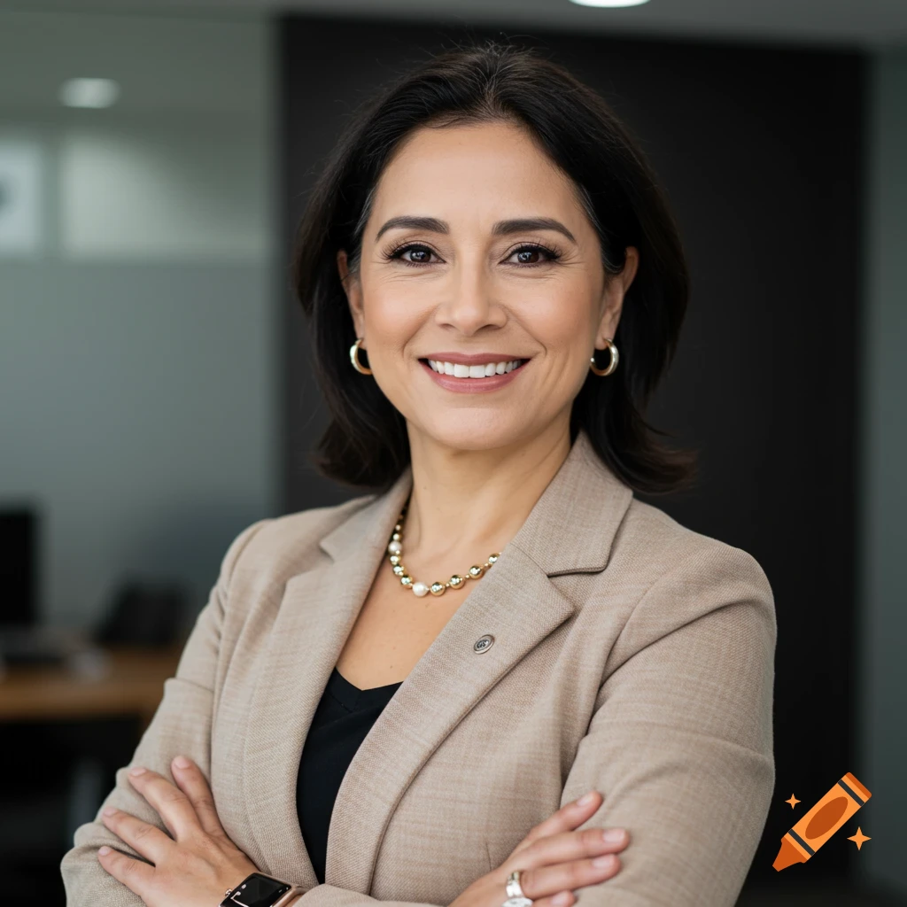 Smiling woman in a tan blazer with crossed arms