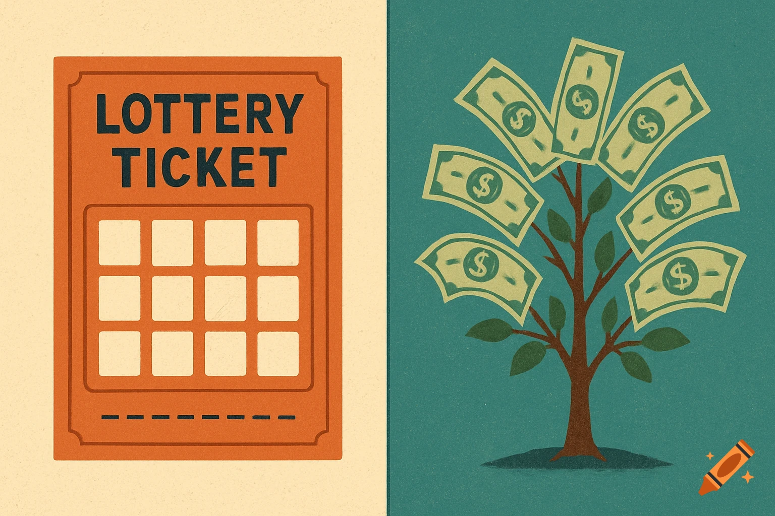 Split illustration of a lottery ticket on the left and a tree with money leaves on the right.