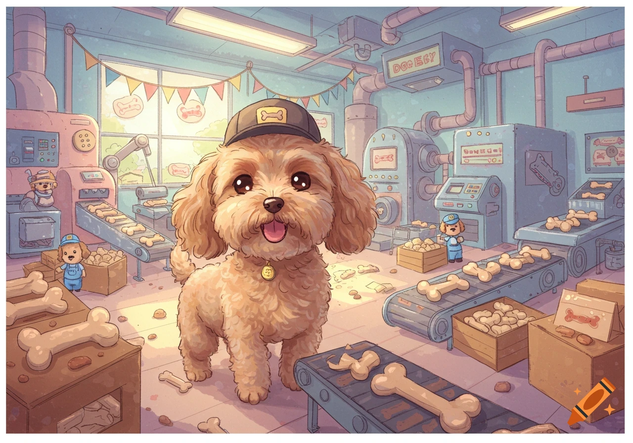 A cute cartoon dog in a hat smiles while standing in a dog bone factory.