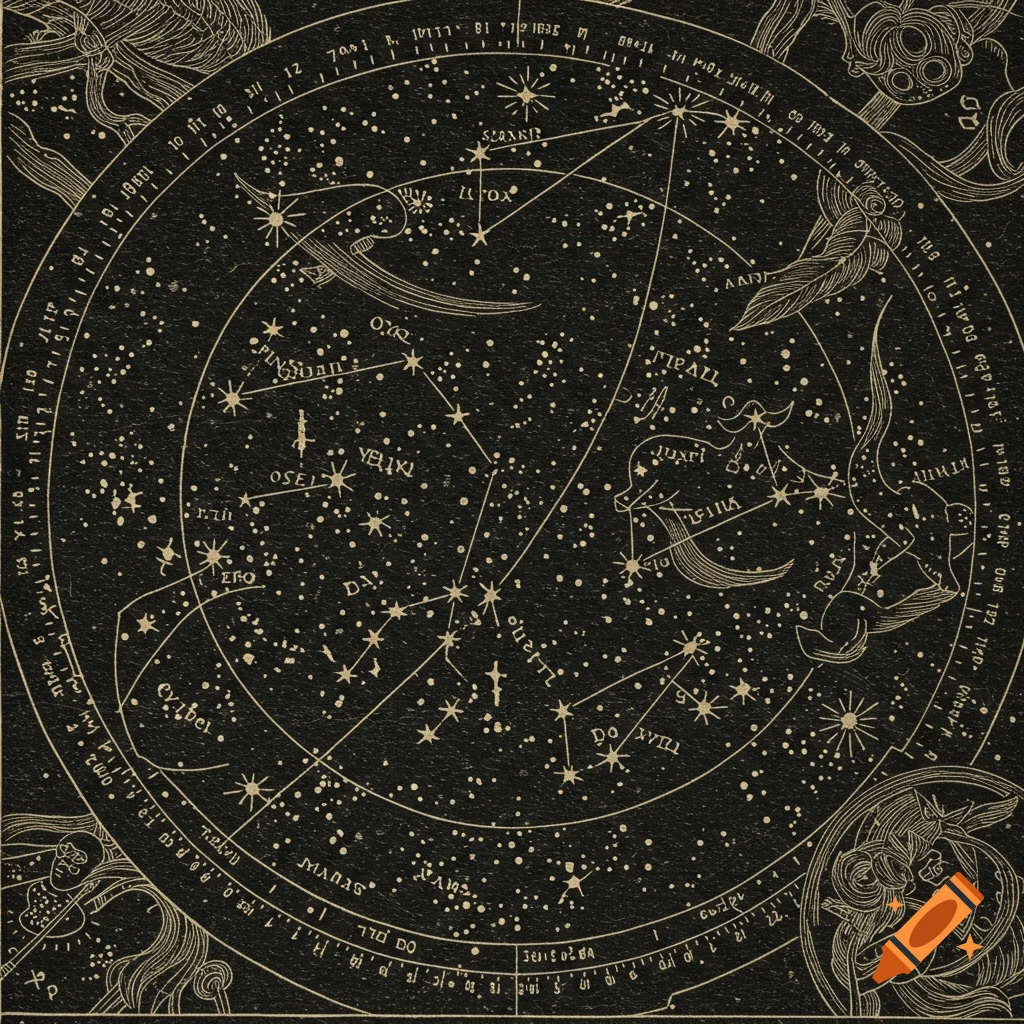 Vintage woodblock engraving of a celestial map with constellations, stars, and decorative figures